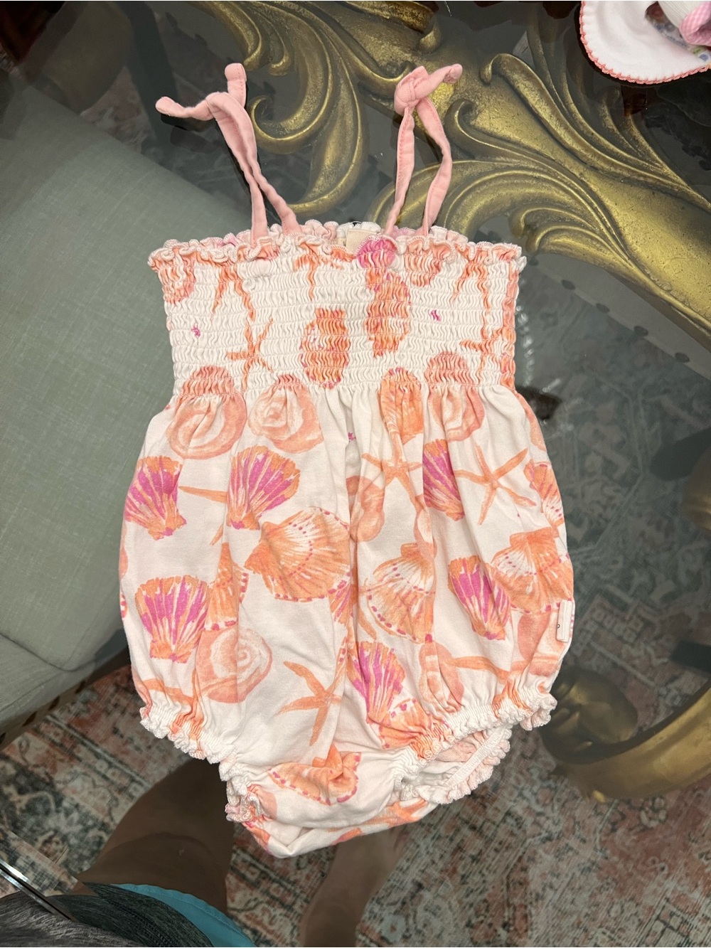 Burt's Bees Baby Peach & Pink Shell-Print Smocked Romper
